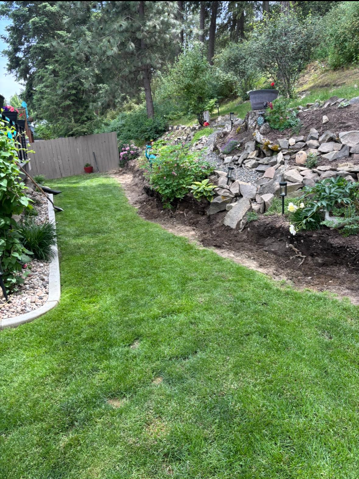Rock garden and fresh lawn edging along a manicured residential yard